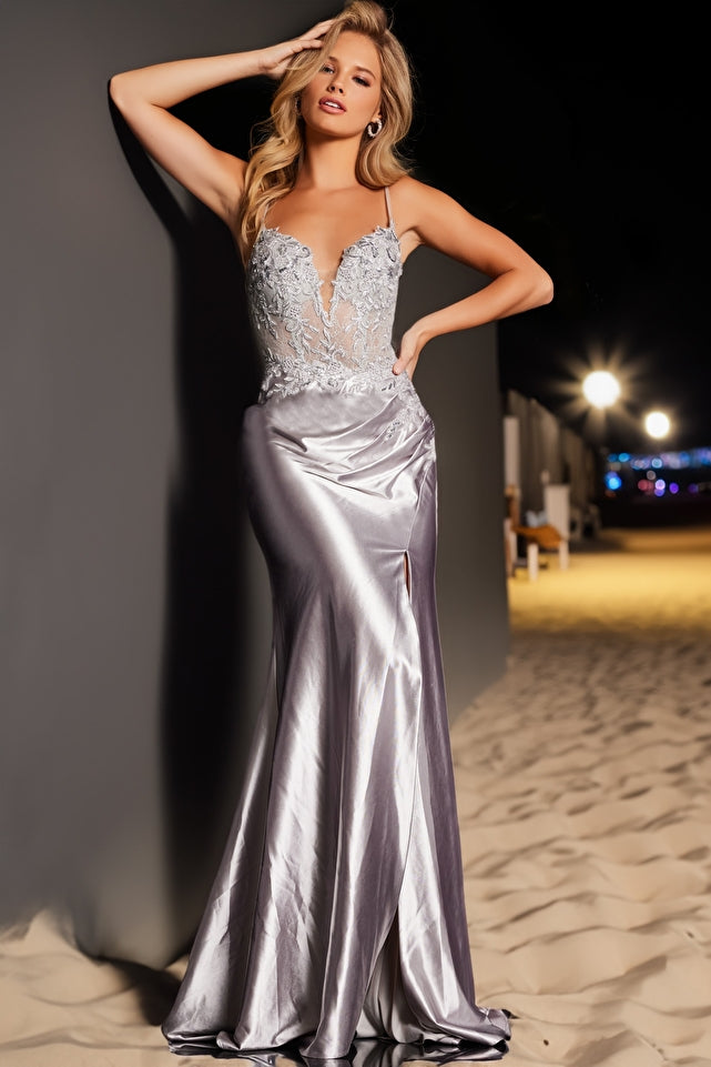Lamila | Silver Lace Plunging Neckline Dress | JVN 38487