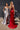 Ladivine red and silver satin evening gowns back view. Red gown shows strapless sweetheart bodice with corset back detail, next to silver beaded gown with high side slit.