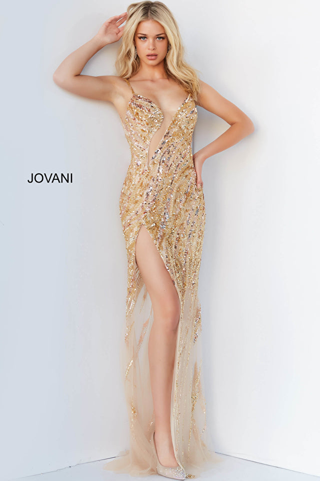Model is wearing the Jovani 04195 dress in color nude 