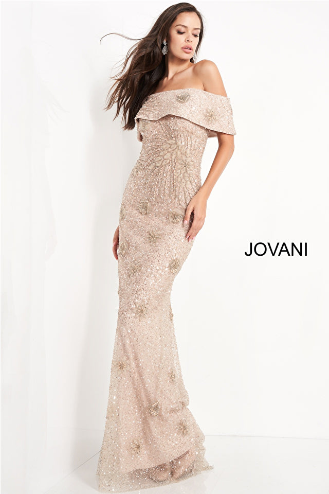 Andra | Off the Shoulder Beaded Evening Gown | Jovani 03412