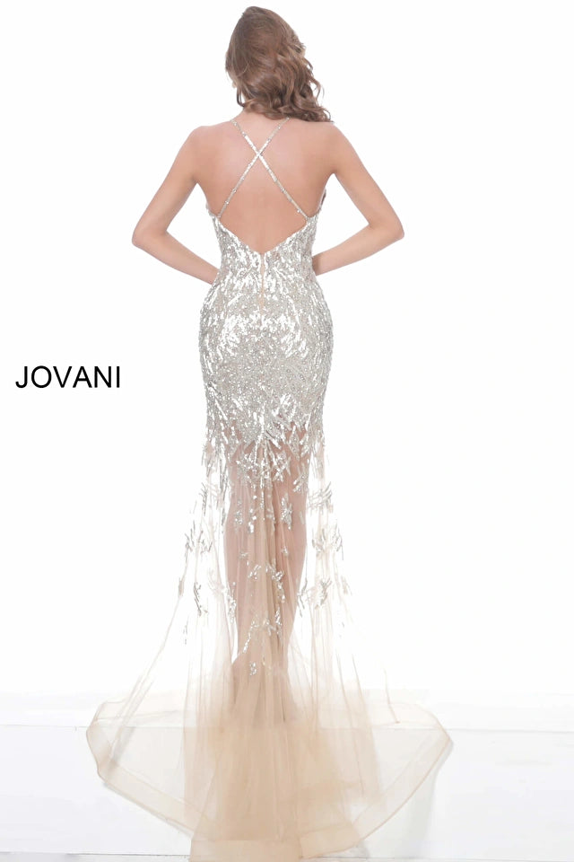 Maureen | Nude Beaded Low V Neck Prom Dress | Jovani 03911