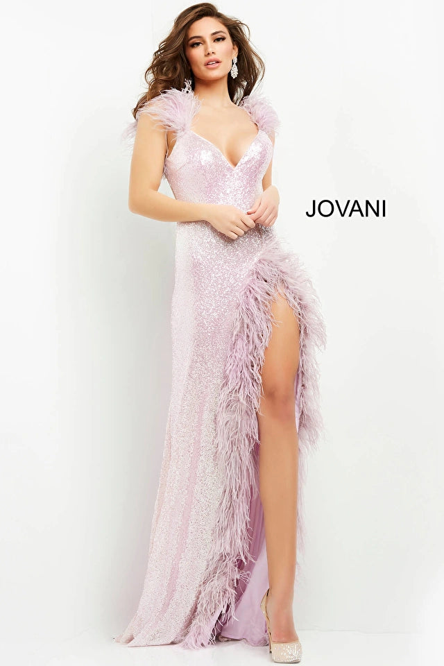 Eliana | Fitted Sequin Feather Evening Gown | Jovani 06164