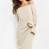 Model is wearing the Jovani 07442 off the shoulder dress in champagne