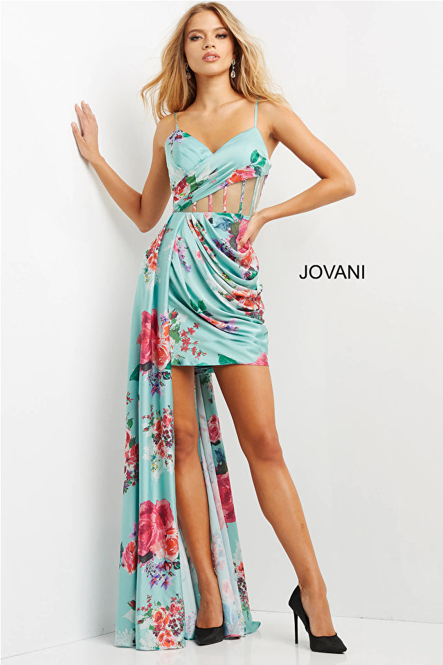 Josiane | Print Satin Spaghetti Strap Contemporary Short Gown | Jovani 08523