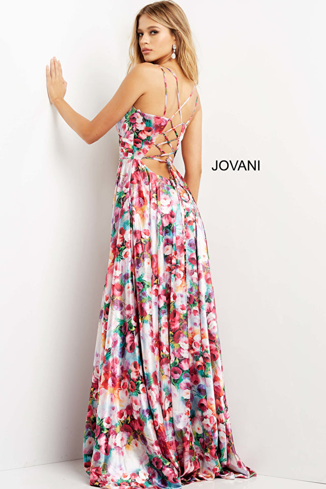 Jalen | Print V Neck Tie Back Maxi Dress | Jovani 09029