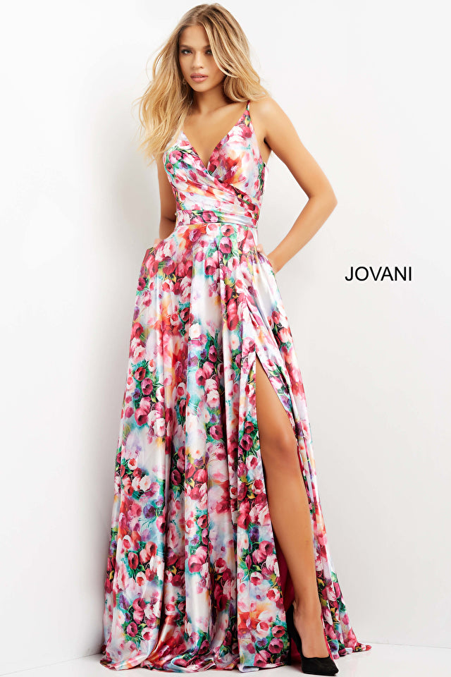 Jalen | Print V Neck Tie Back Maxi Dress | Jovani 09029