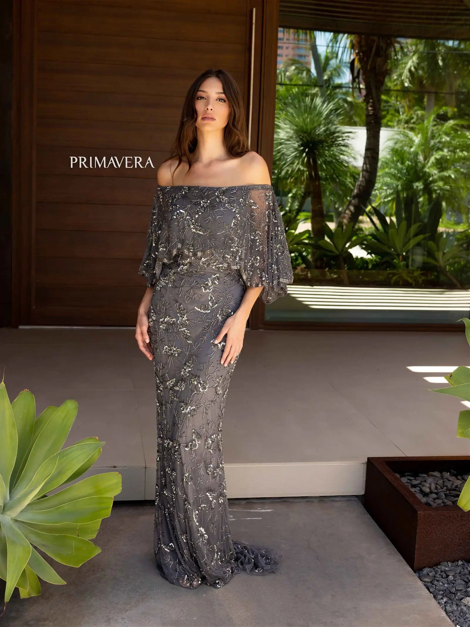Miriam | Cape Sleeve Beaded Evening Gown | Primavera Couture 13123