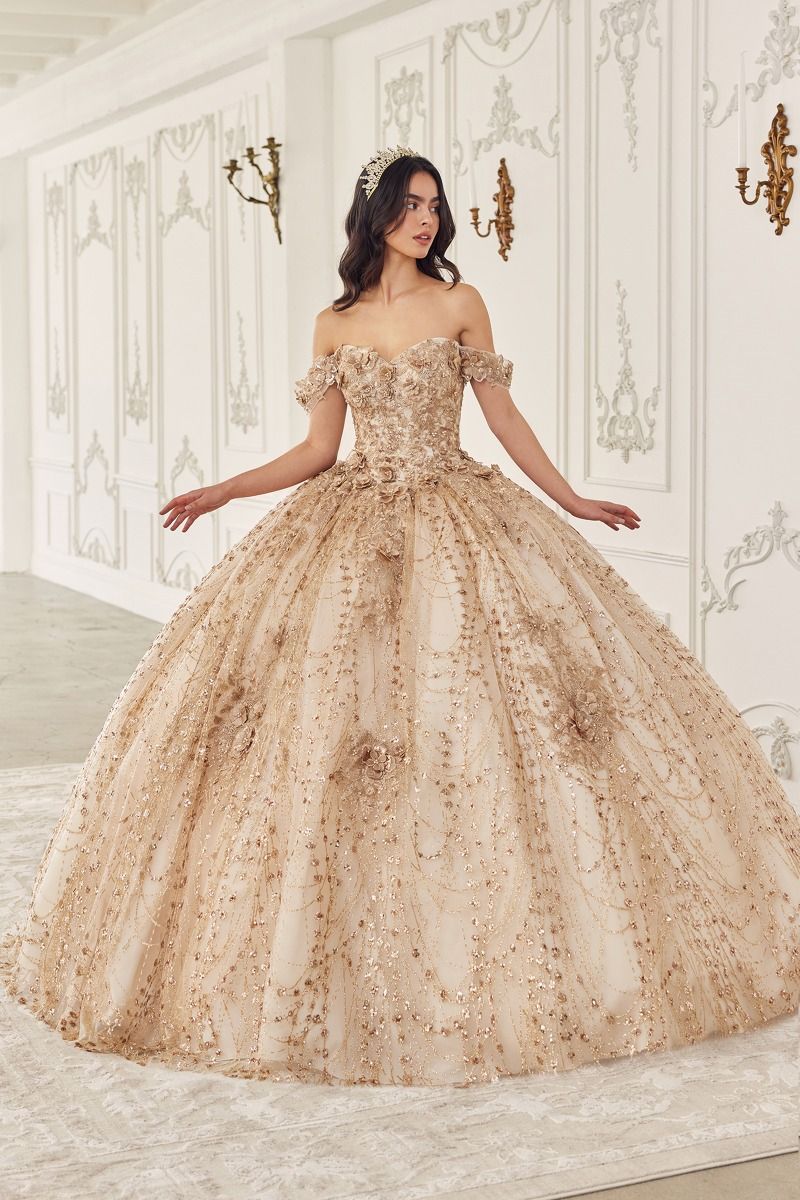 Enchanted Love | Off the Shoulder Glitter Floral Gold Ball Gown | LaDivine 15712