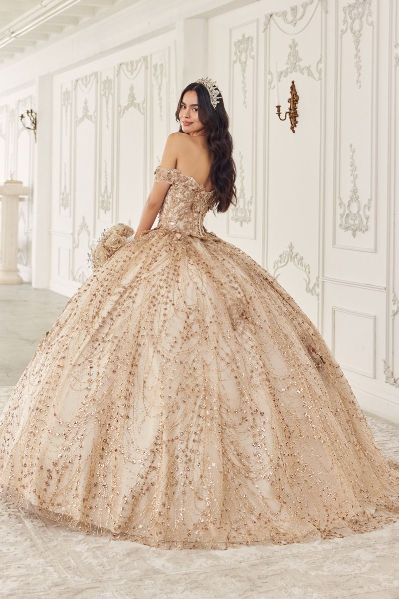 Enchanted Love | Off the Shoulder Glitter Floral Gold Ball Gown | LaDivine 15712