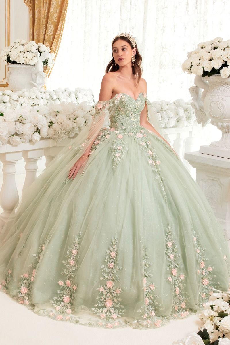 Calista | Sage Ball Gown with Blush Floral Details | 15716
