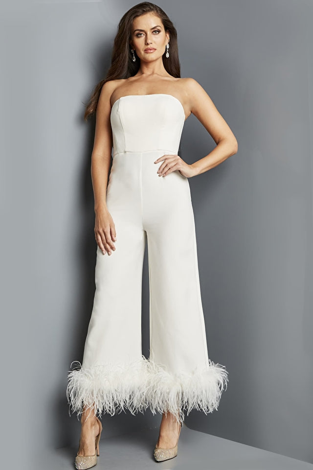 Katie | Strapless Jumpsuit with Feather Detail | Jovani 22590