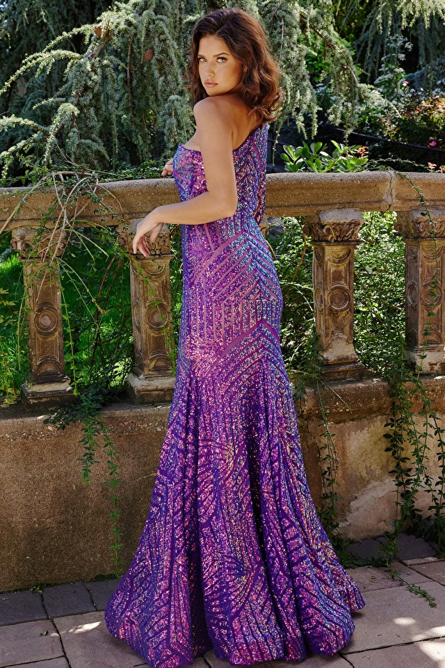 Sloan | Iridescent Violet Sequin One Shoulder Gown | Jovani 24098