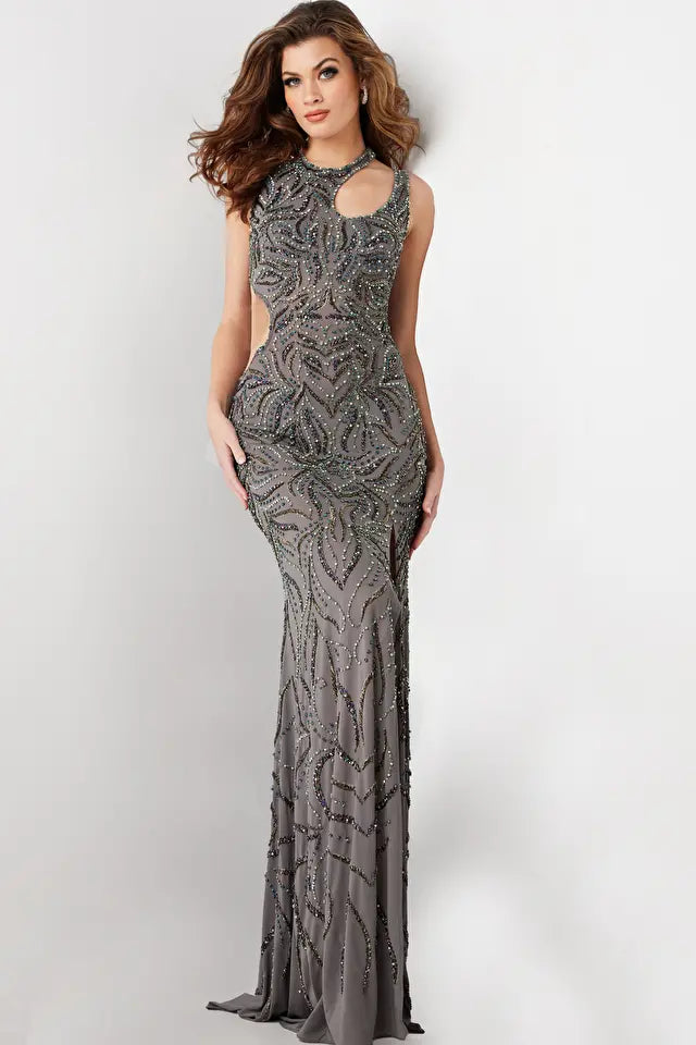 Halara | Gunmetal Embellished Cut Out Dress | Jovani 25692