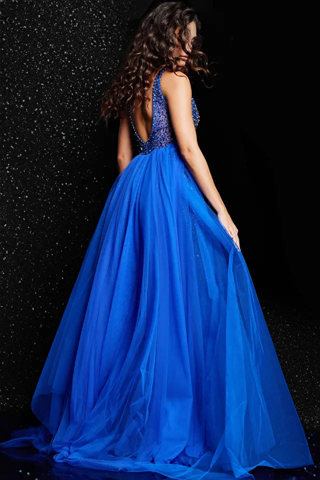 Tela | Royal Blue V Neckline Beaded Dress | Jovani 26058