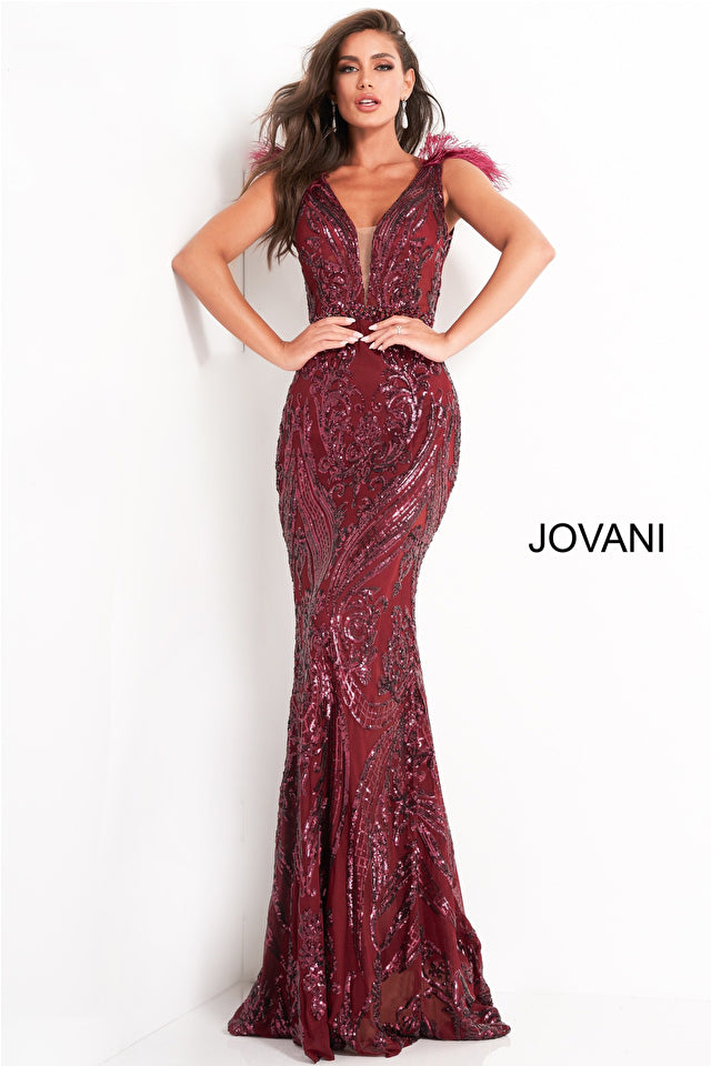 Adrianna | Sequin Gown w/ Feather Accent | Jovani 3180