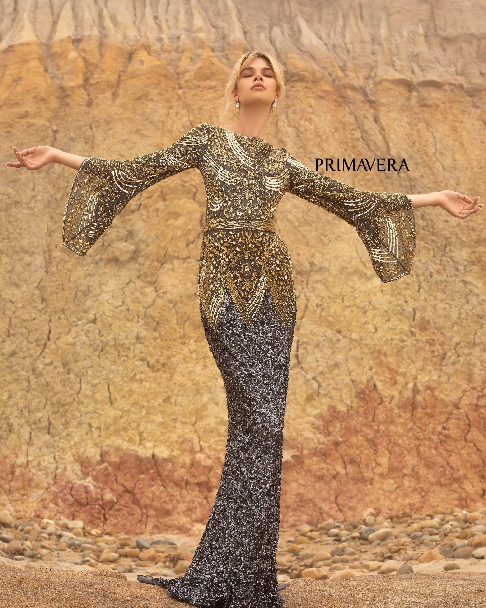 Dorota | Beaded Long Sleeve Evening Gown | Primavera 3680