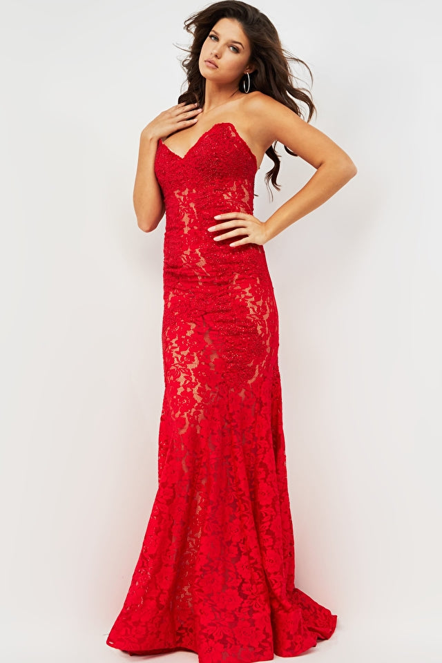 Kim | Fitted Strapless Lace Gown | Jovani 37334