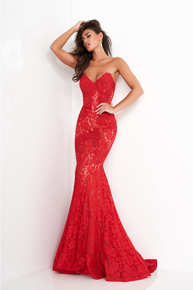 Kim | Fitted Strapless Lace Gown | Jovani 37334