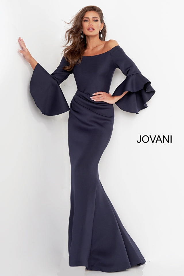 Raven | Scuba off the Shoulder Bell Sleeve Gown | Jovani 59993