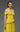 MNM Couture close-up of yellow off-the-shoulder pleated structural corset bodice with neck scarf detail