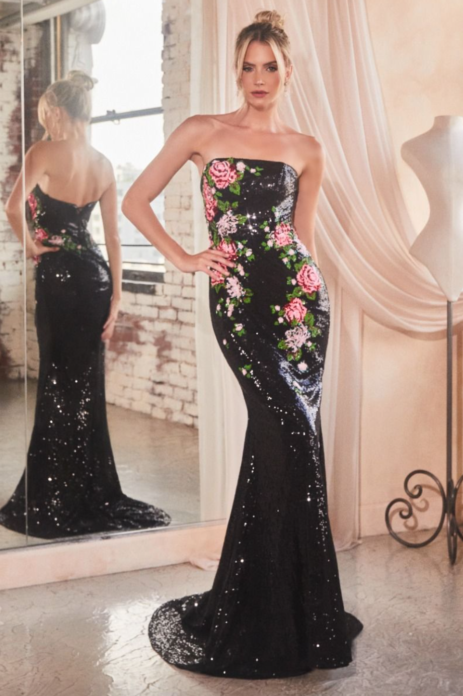 Phoebe | Strapless Floral Patterned Sequin Dress | CD811