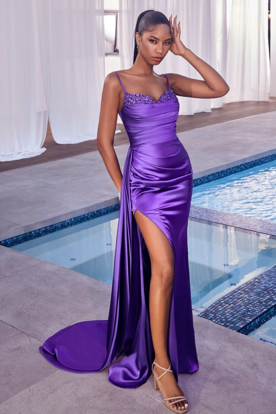 Martina | Satin Pleated Gown w/ Embellishment | LaDivine CD340