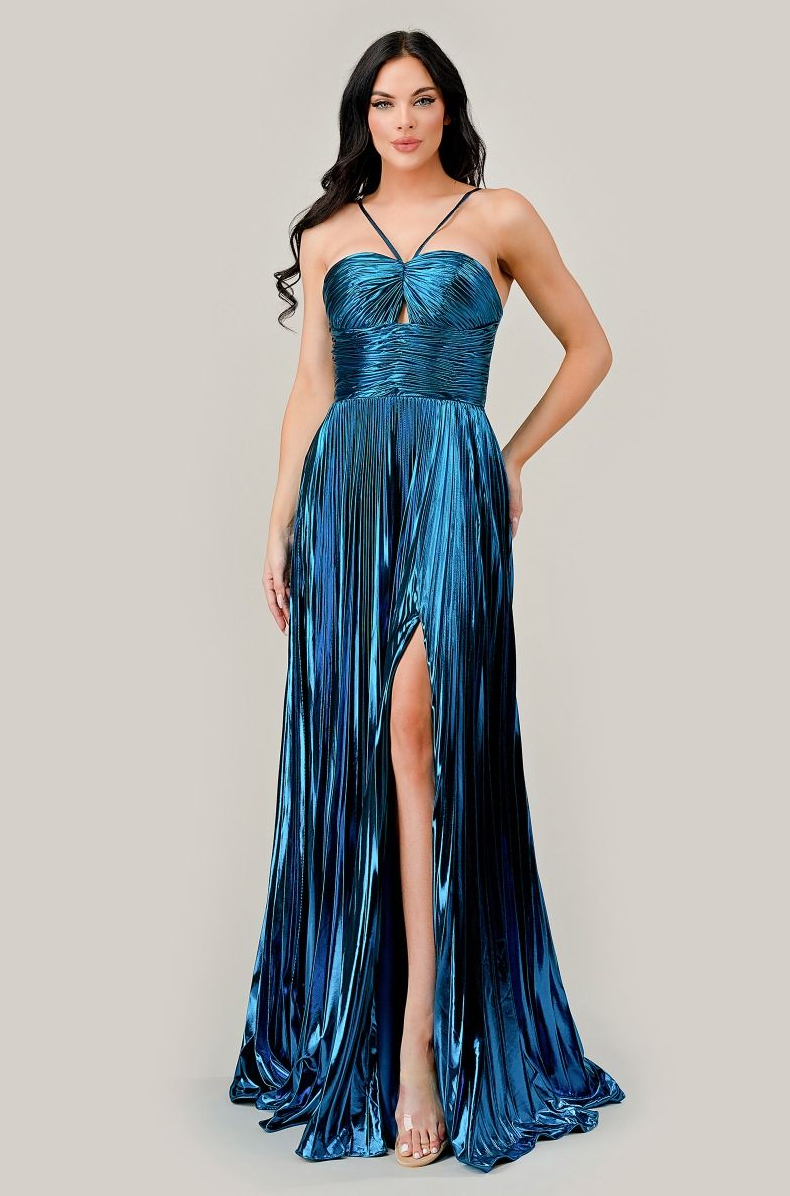 Gianella | Halter Pleated Lame' Metallic A Line Gown | C153