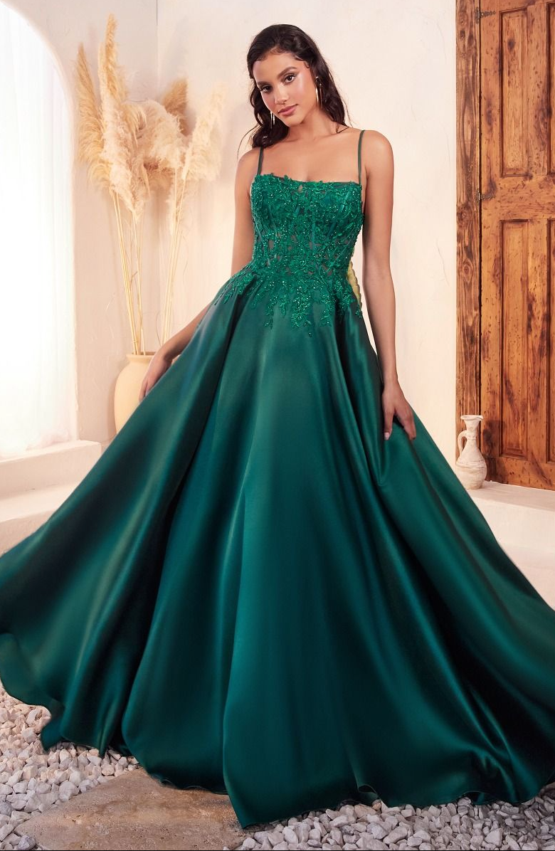 Amaretta | Mikado Emerald Ball Gown w/ Lace Detail | C145