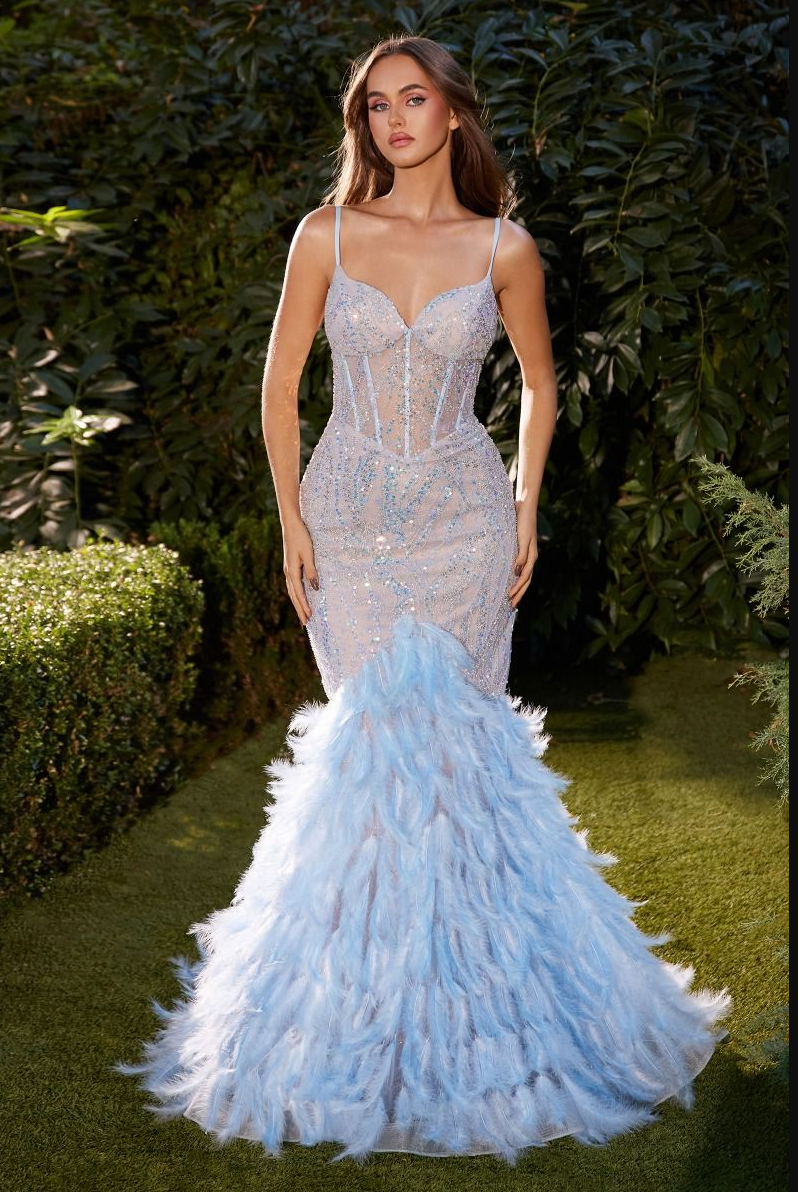 Paris | Embellished Mermaid Gown w/ Feather Train | A1298