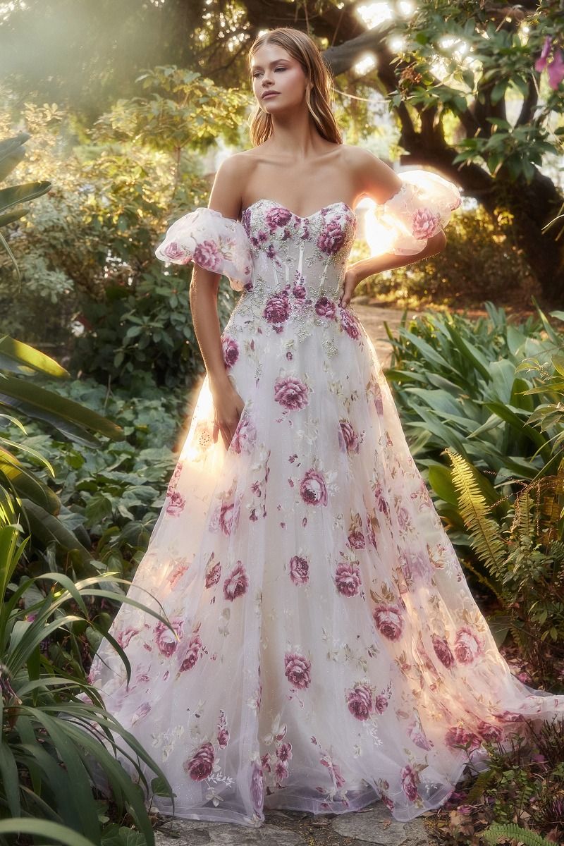 Kylie | Strapless Organza Peony Print Ball Gown | Andrea & Leo Couture A1133