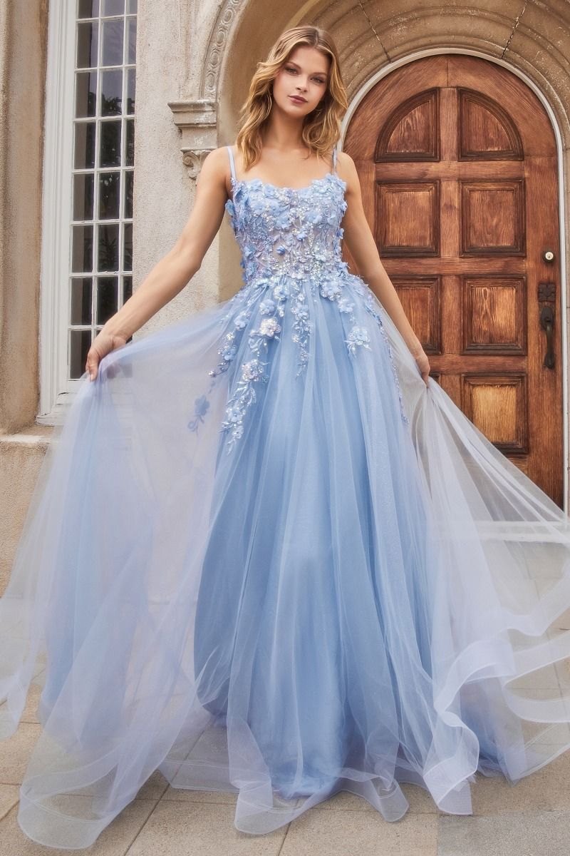 Floral Fantasy | Floral Applique A Line Gown | Andrea & Leo Couture A1142 - Blue / 2 Floral Fantasy | Floral Applique A Line Gown | Andrea & Leo Couture A1142 - Blue / 2