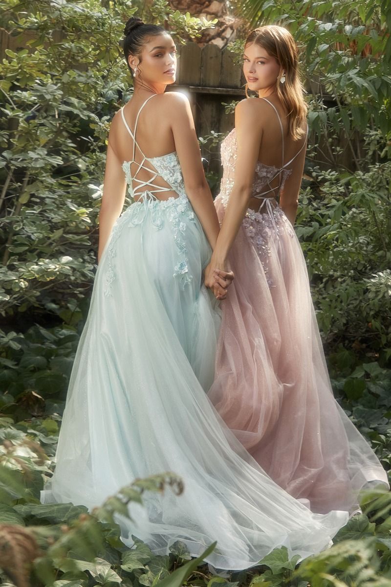 Long Tulle Prom Ball Gown with Flowers - PromGirl Pastel Green / 4 Long Tulle Prom Ball Gown with Flowers - PromGirl Pastel Green / 4
