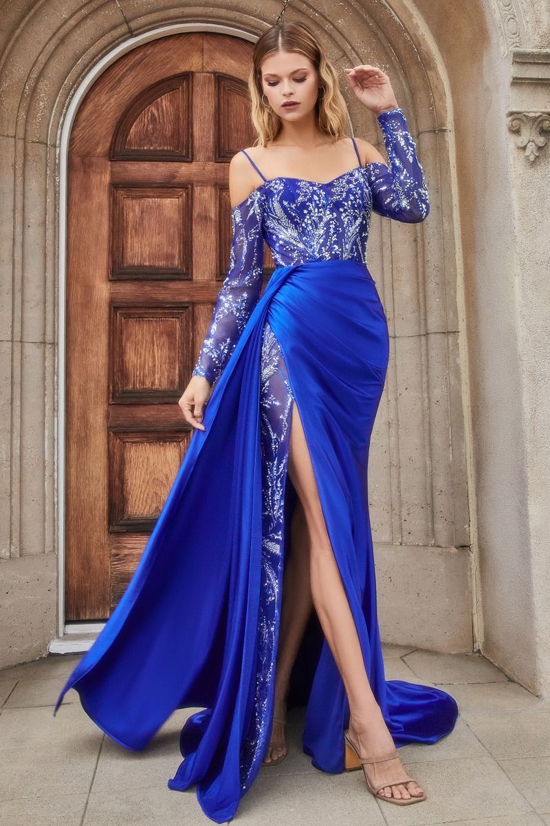 Royal Story | Long Sleeve Beaded Corset Gown With Satin Skirt | A1160