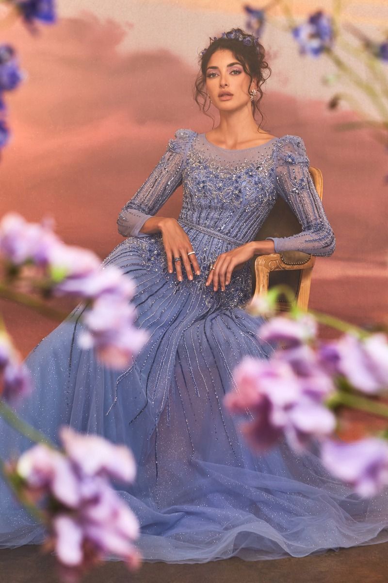 Azurite | Beaded Long Sleeve A Line Gown | Andrea & Leo Couture A1167
