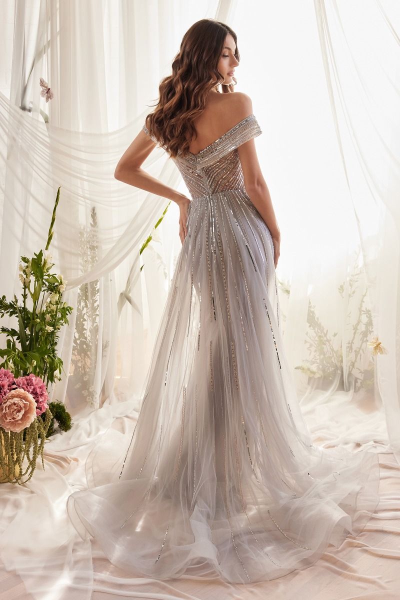 Renee | Silver Siren Bead Gown w/ Overskirt | Andrea & Leo Couture A1182