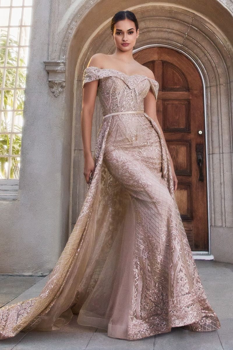 Turn Heads | Sequin Lace off the Shoulder Gown w/ Overskirt | Andrea & Leo Couture A1200