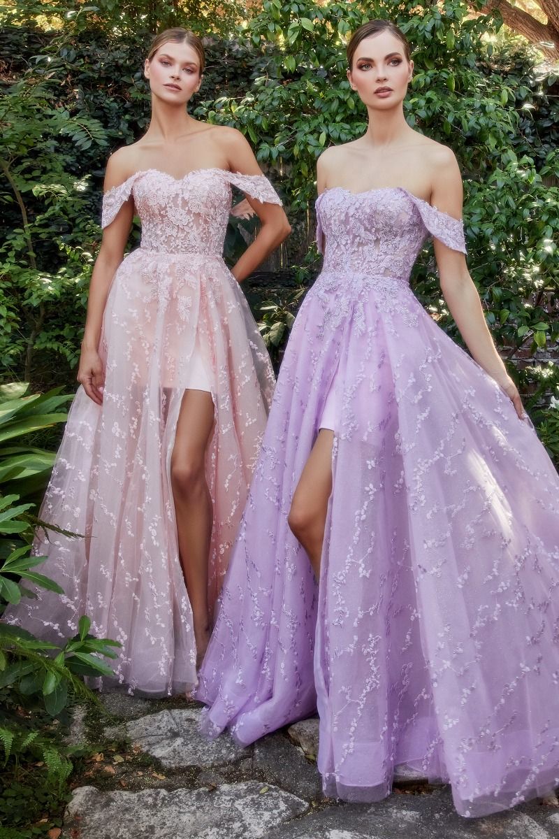 Solstice | Off the Shoulder Bouquet Lace Gown with Short Skirt | A1207