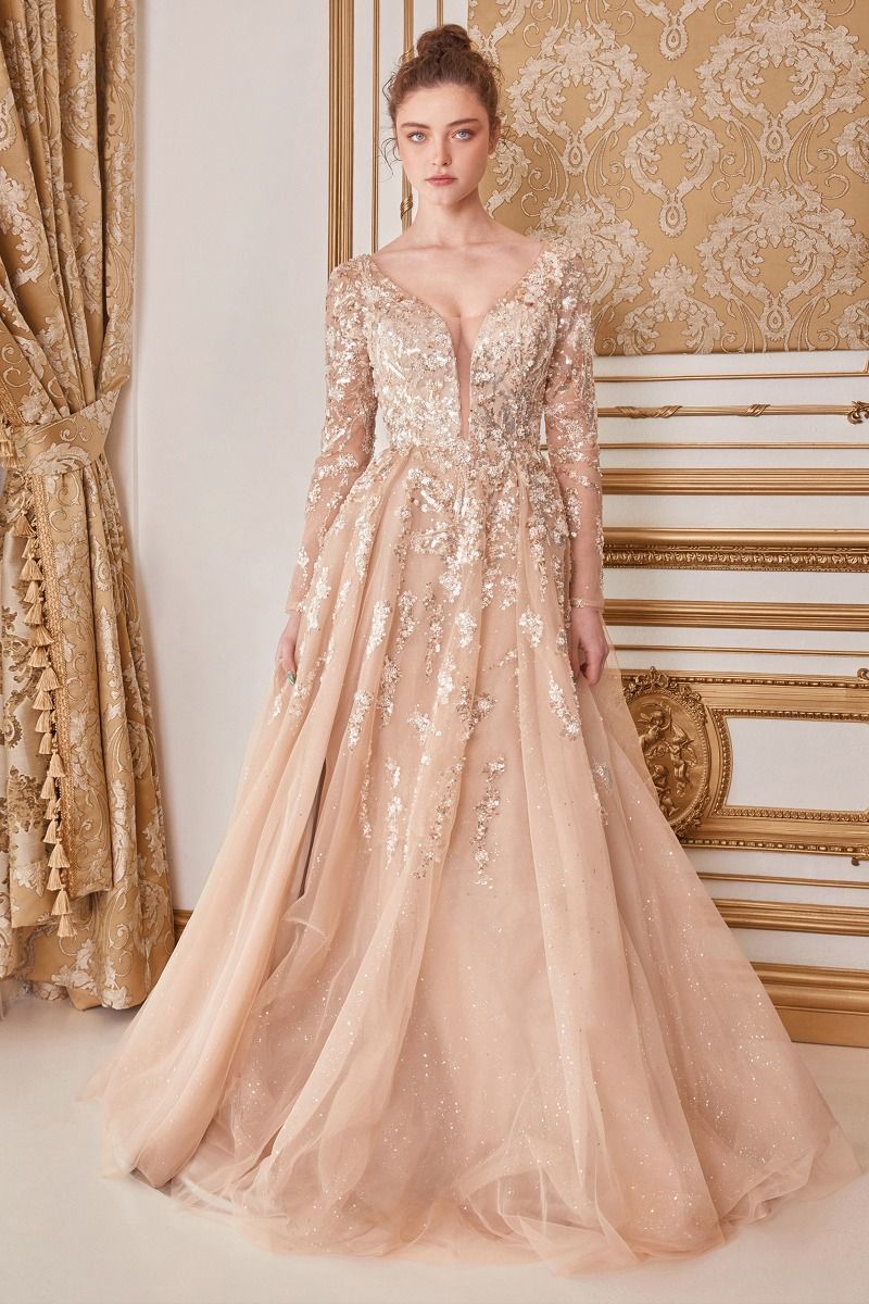 Amadea | Champagne Long Sleeve Beaded A Line Gown | Andrea & Leo Couture A1215