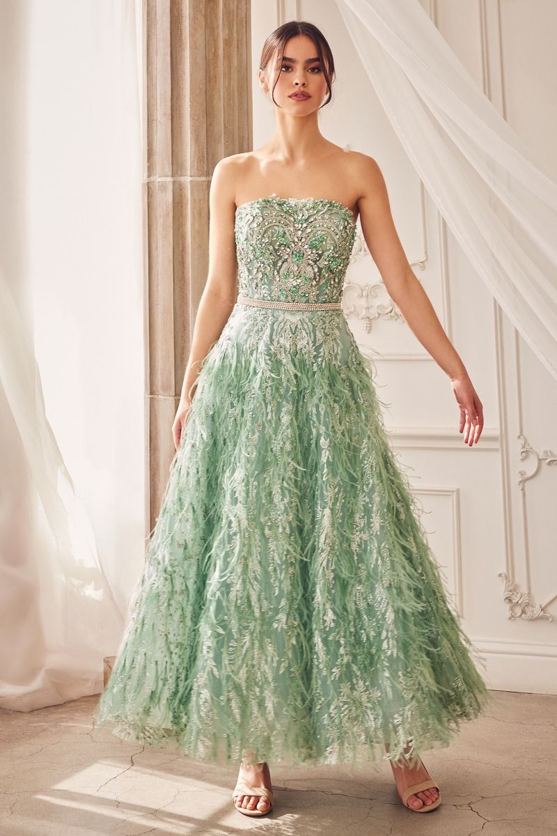 Lynn | Strapless Feather Tea Length Dress | Andrea & Leo Couture A1226