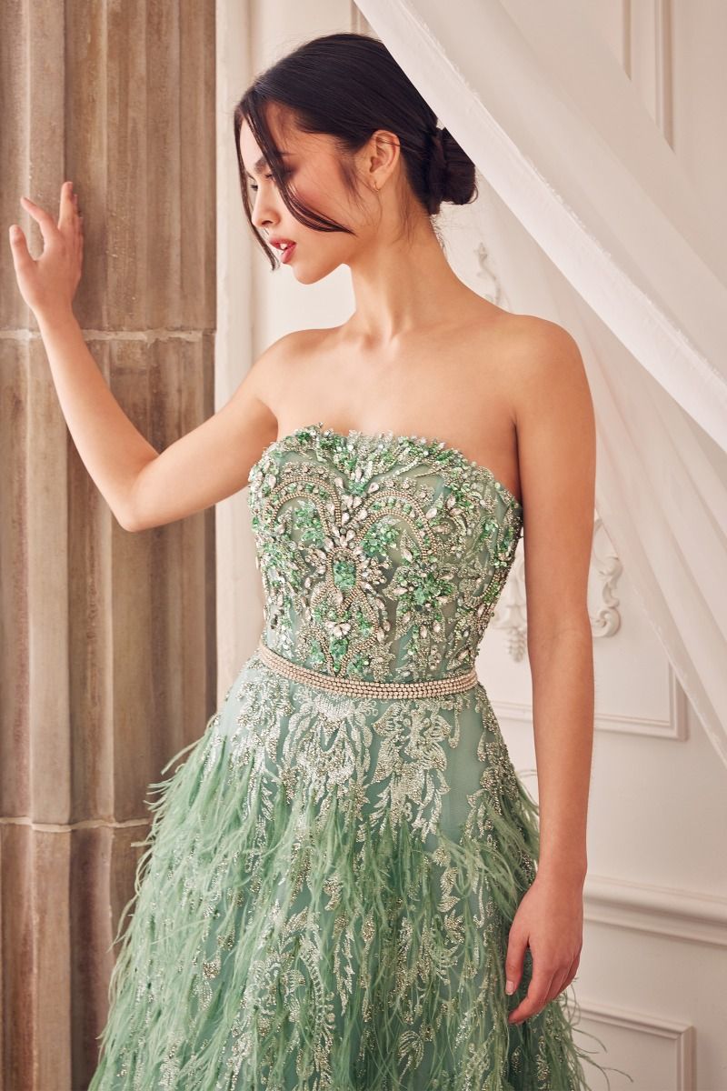 Lynn | Strapless Feather Tea Length Dress | Andrea & Leo Couture A1226