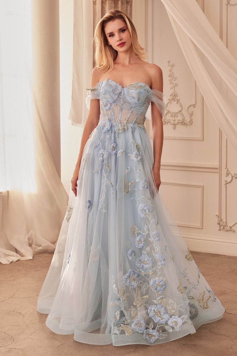 Lucille | Off the Shoulder Floral Applique Ball Gown | Andrea & Leo Couture A1246