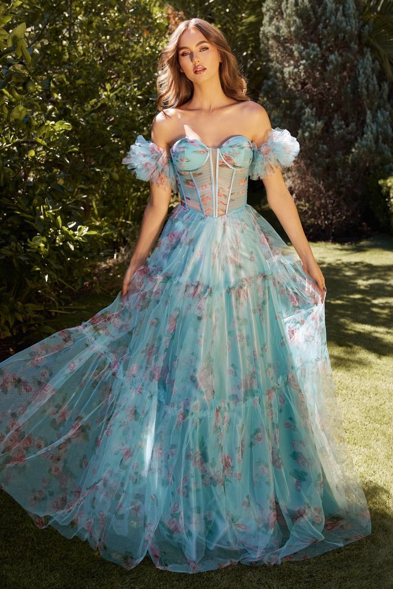 Aya | Blue Floral Printed Ball Gown | Andrea & Leo Couture A1285