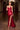 Ladivine cd690 burgundy satin mermaid gown with beaded sheer corset bodice and high slit. Burgundy formal halter dress for prom or evening event.
