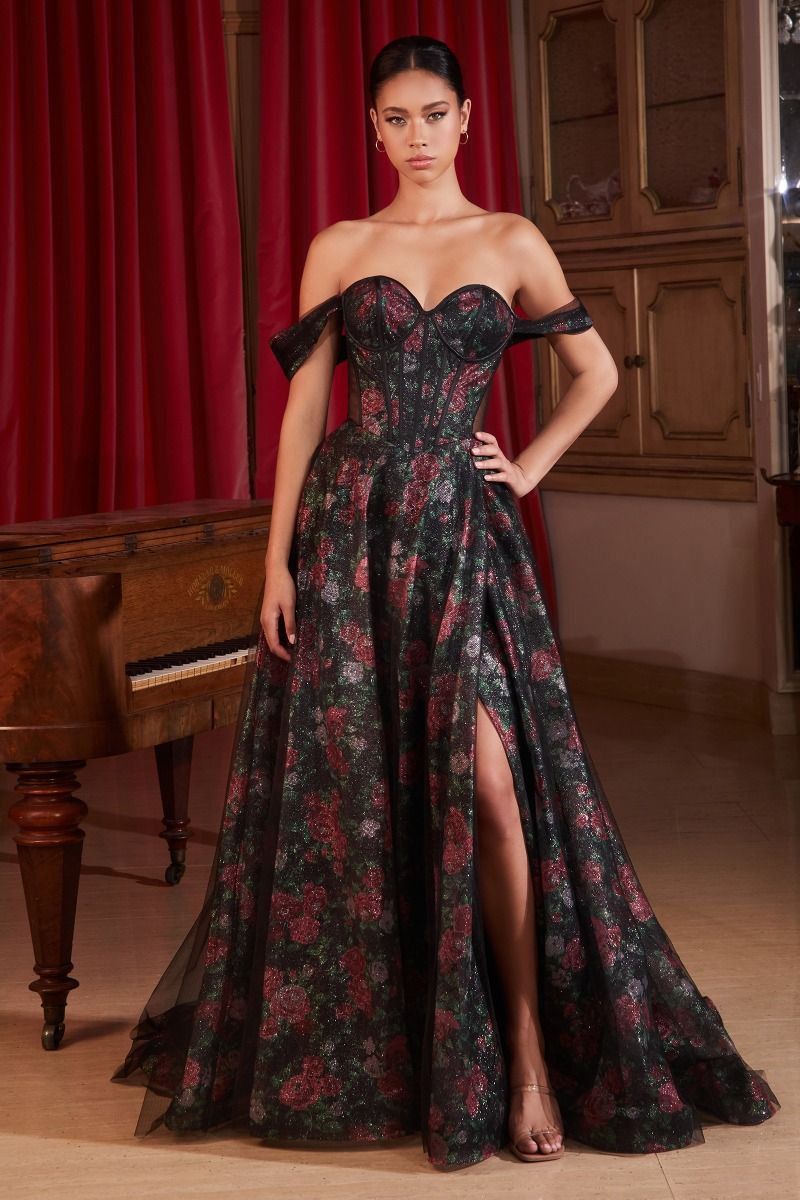 Janelle | Off the Shoulder Ball Gown w/ Floral Underlay | CD806
