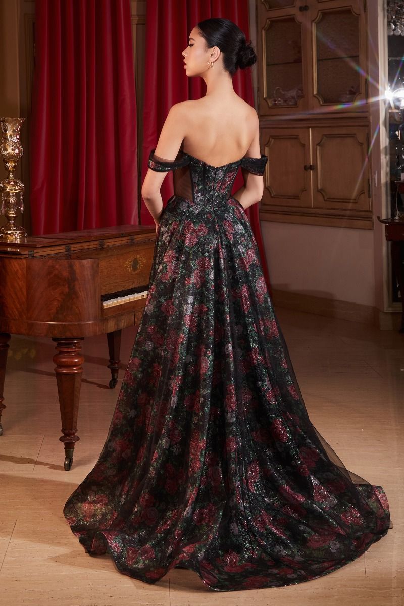 Janelle | Off the Shoulder Ball Gown w/ Floral Underlay | CD806