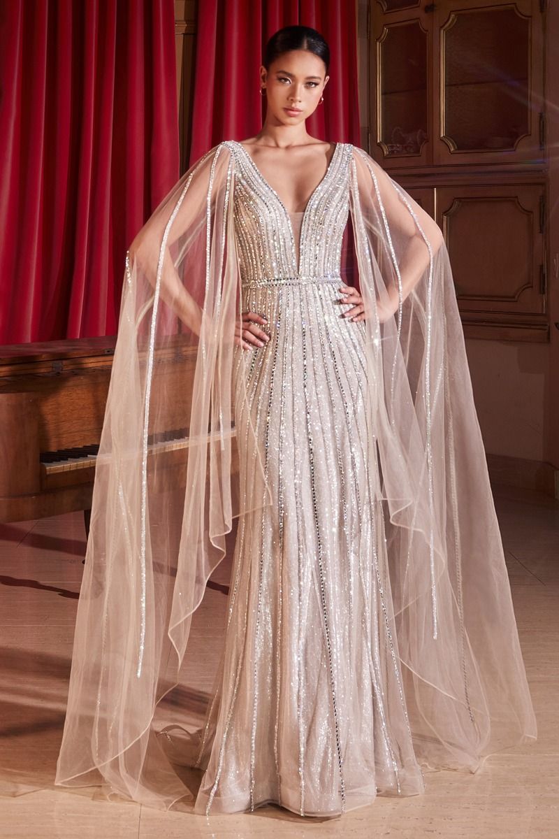Clara | Embellished Long Cape Sleeve Gown | Ladivine CD865