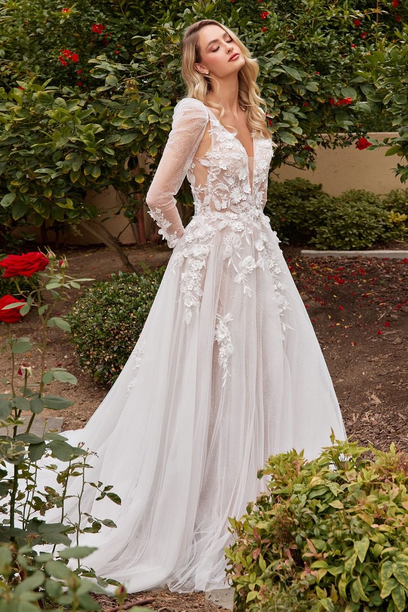 Model is posing in the Cinderella Divine CDS436W wedding dress