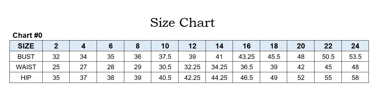 Size Chart for the Cinderella Divine CD868 dress