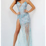 Model is wearing Jovani 04195 dress in the color aqua
