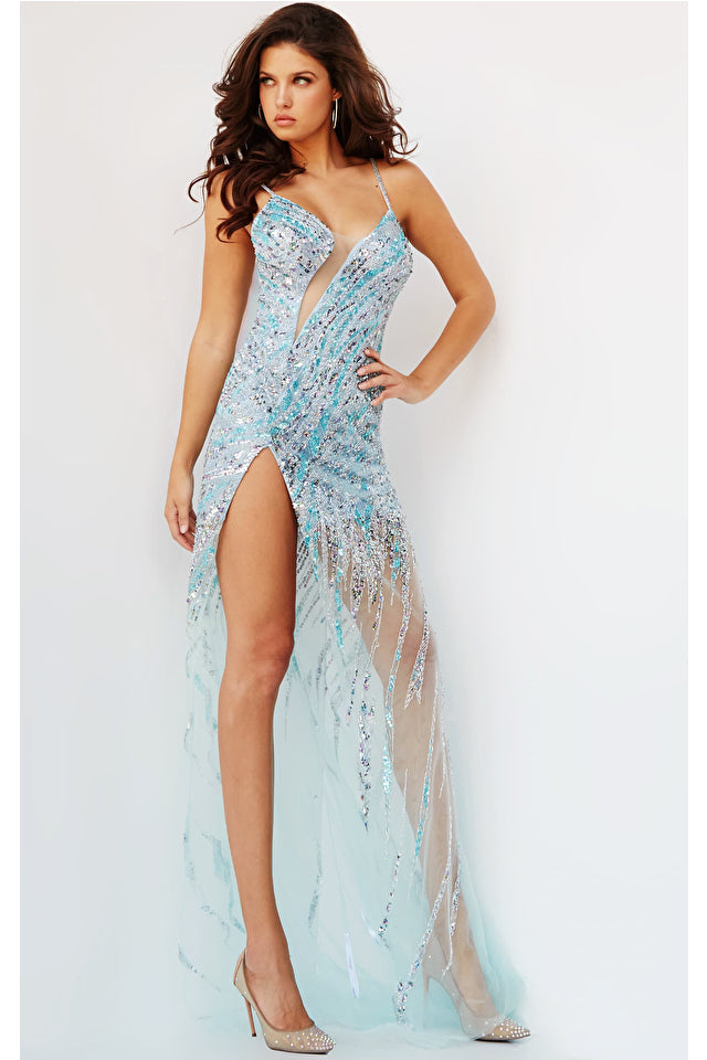 Model is wearing the Jovani 04195 dress in the color aqua
